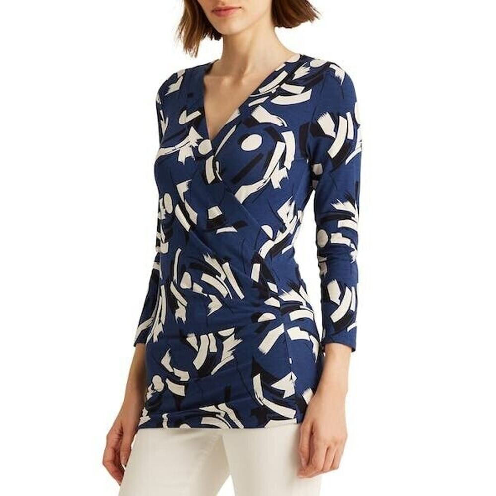 Lauren Ralph Lauren Women Blue Geometric Viscose Jersey Casual Wrap Top Size S
